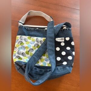 Amazon Denim Shoulder Bag with Leaf and Polka Dot Patterns